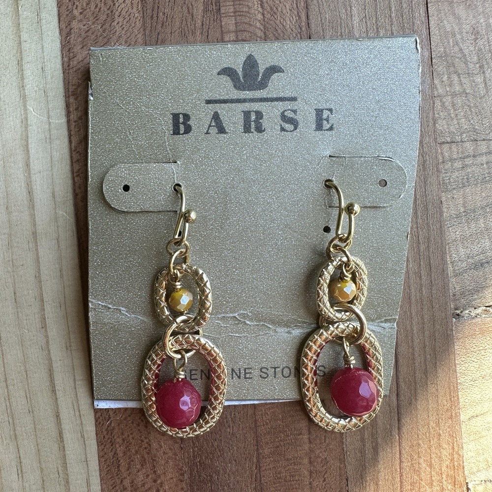 Vintage Barse Hook Dangle Earrings 2.6 Inch Raspberry Quartz Crystal Gold New